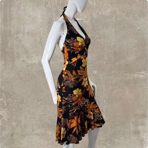 Vintage Y2K Cache Halter Floral Dress – Tropical Print Ruched Bust Backless S/M